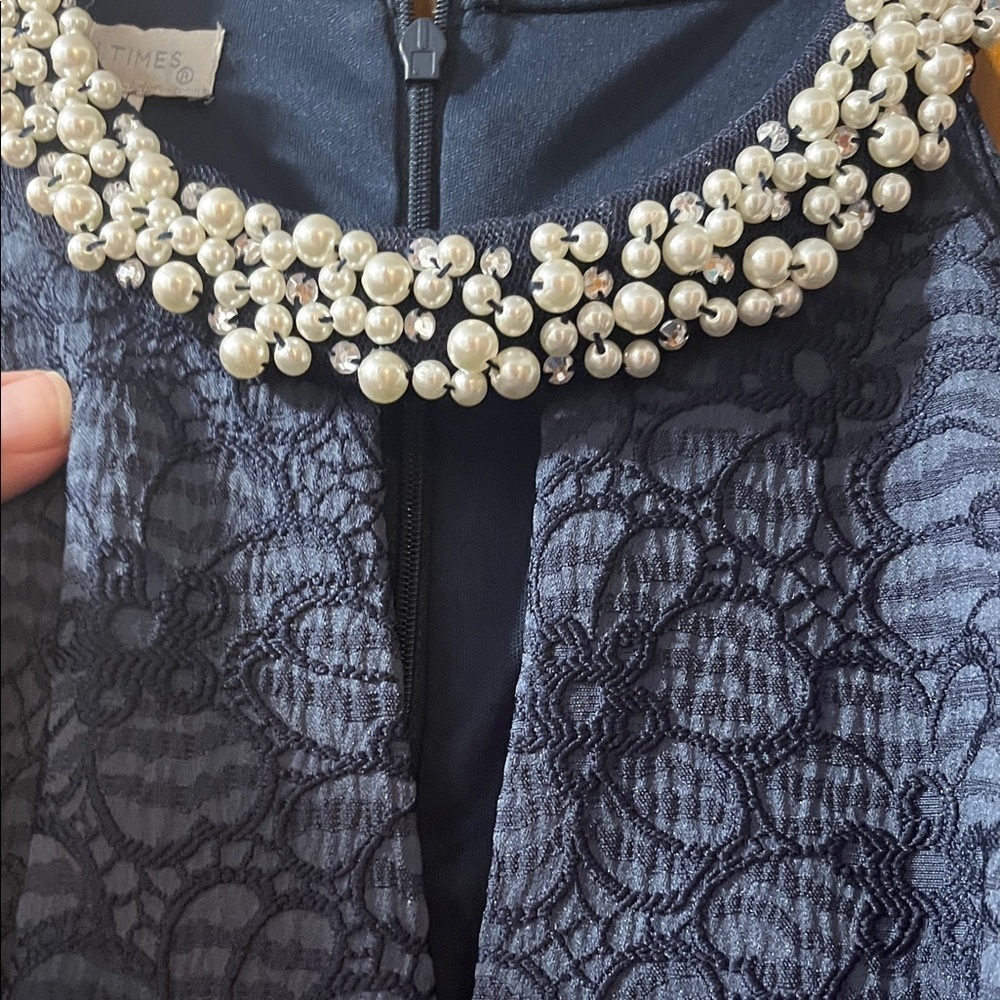 London Times Navy Midi Dress with Pearl Detail - Picture 3 of 4